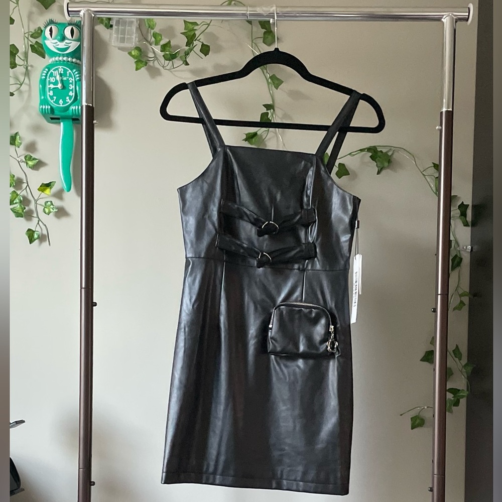 LEDiN Strap PU Leather Mini Dress
